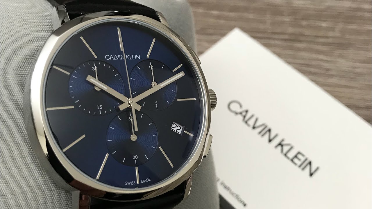  Shop Authentic Calvin Klein Chronograph Blue Dial Black Leather Strap Watch for Men - K8Q371CN - Luxxuri