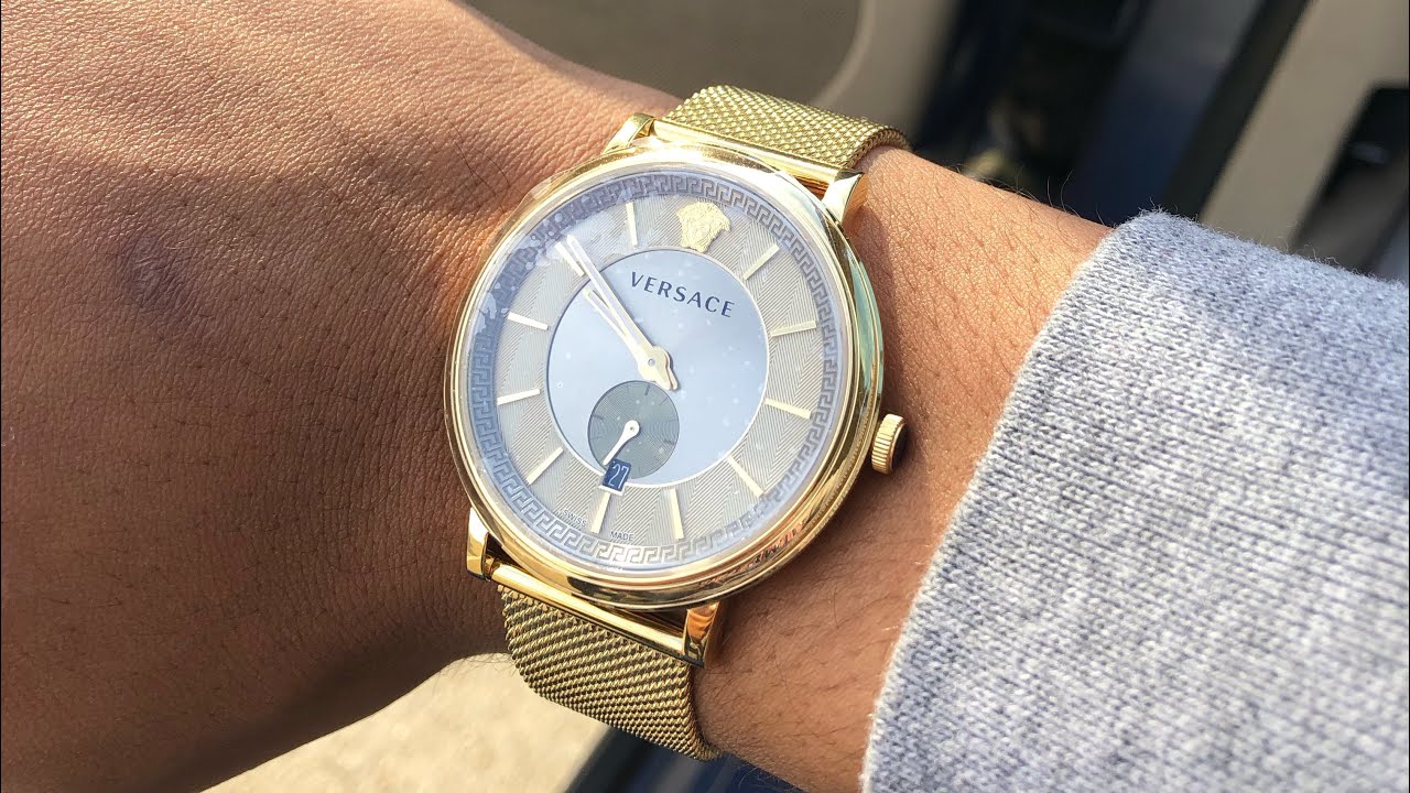  Shop Authentic Versace V Circle Quartz Gold Dial Gold Mesh Bracelet Watch For Men - VBQ070017 - Luxxuri