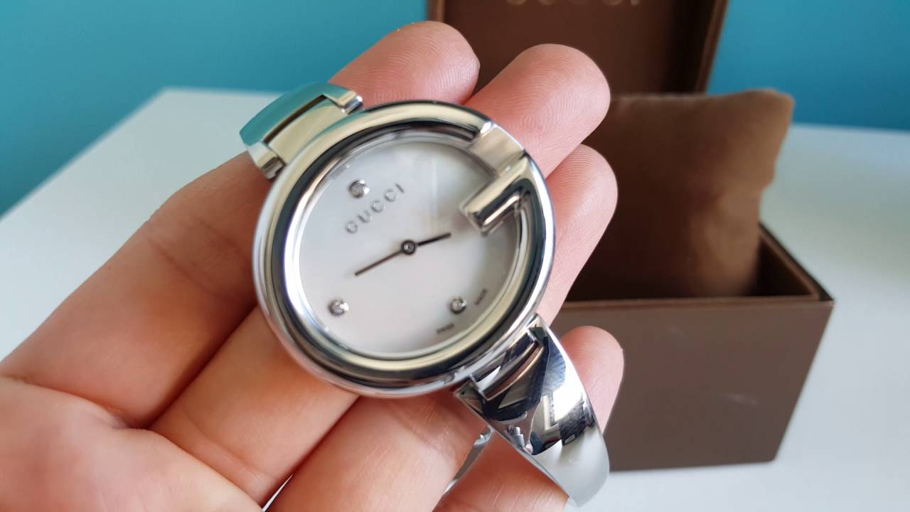  Shop Authentic Gucci Guccissima Diamonds Mother of Pearl Dial Silver Steel Strap Watch For Women - YA134303 - Luxxuri