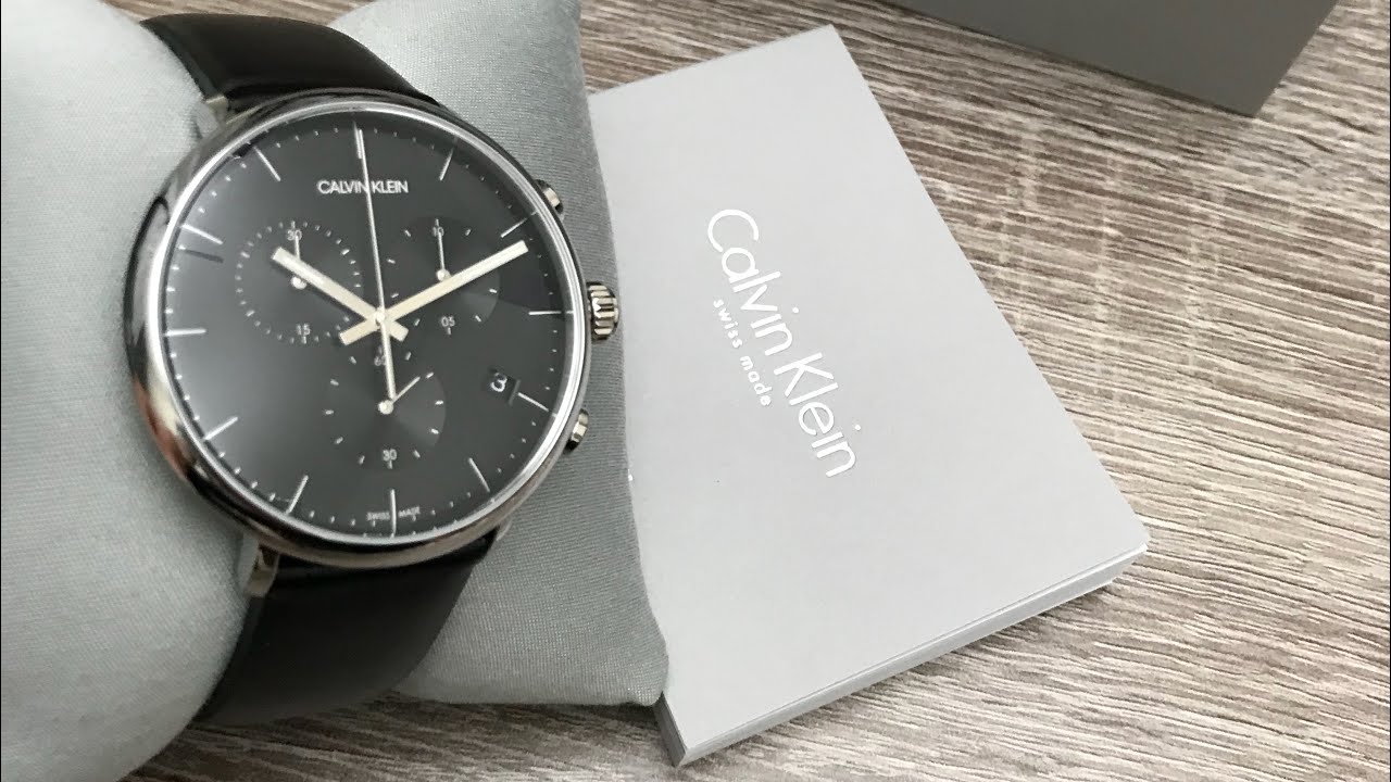  Shop Authentic Calvin Klein High Noon Chronograph Black Dial Black Leather Strap Watch for Men - K8M271C1 - Luxxuri