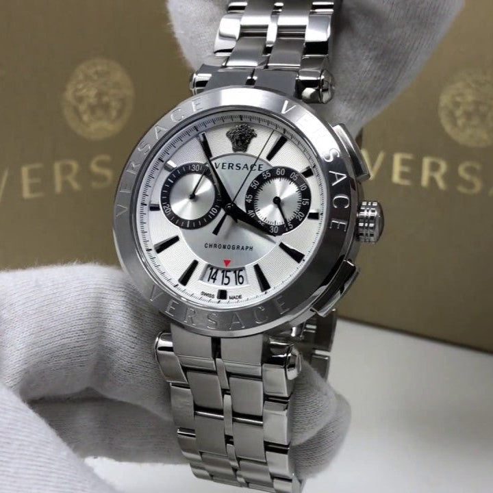  Shop Authentic Versace Aion Chronograph White Dial Silver Steel Strap Watch for Men - VBR040017 - Luxxuri