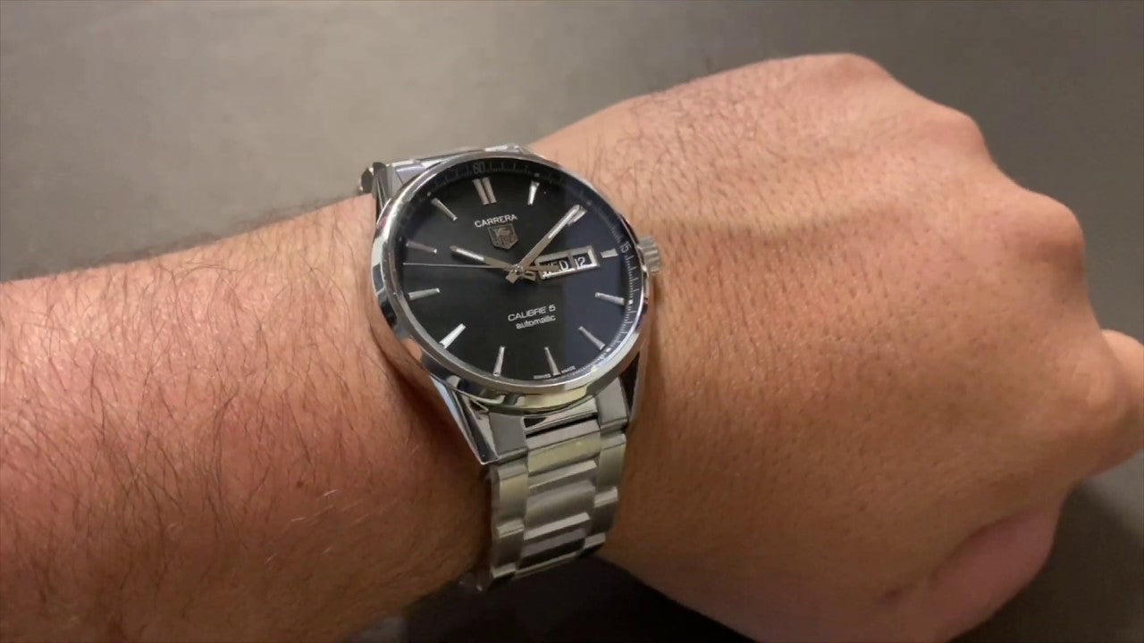 Tag Heuer Carrera Calibre 5 Automatic Black Dial Silver Steel Strap Watch for Men - WAR201A.BA0723