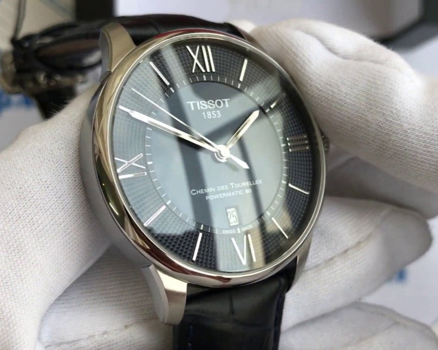 Tissot Chemin Des Tourelles Powermatic 80 Black Dial Black Leather Strap Watch For Men - T099.407.16.058.00