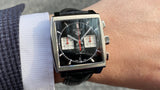  Shop Authentic Tag Heuer Monaco Automatic Chronograph Black Dial Black Leather Strap Watch for Men - CBL2113.FC6177 - Luxxuri