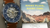  Shop Authentic Fossil Commuter Automatic Skeleton Blue Dial Brown Leather Strap Watch for Men - ME3159 - Luxxuri
