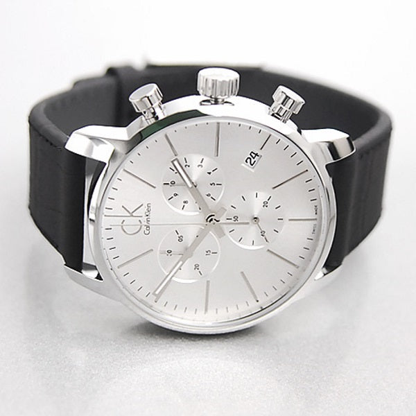  Shop Authentic Calvin Klein City Chronograph Silver Dial Black Leather Strap Watch for Men - K2G271C6 - Luxxuri