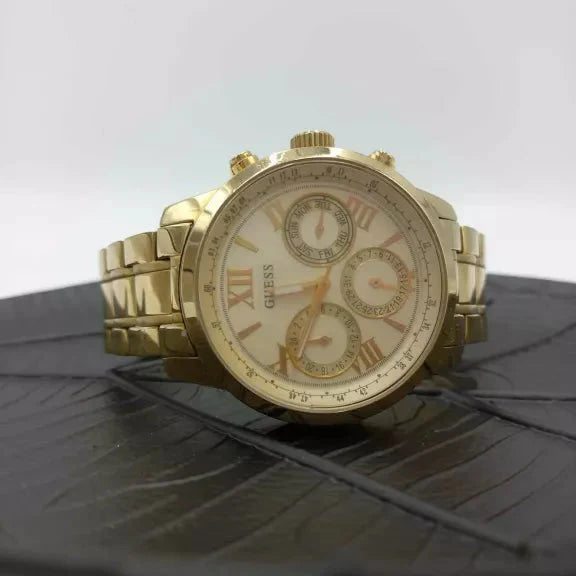  Shop Authentic Guess Sunrise Chronograph Gold Dial Gold Steel Strap Watch For Women - W0330L1 - Luxxuri