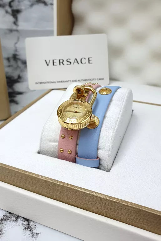  Shop Authentic Versace Medusa Lock Icon Quartz Gold Dial Pink & Blue Leather Strap Watch For Women - VEDW00219 - Luxxuri