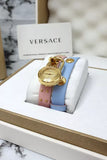  Shop Authentic Versace Medusa Lock Icon Quartz Gold Dial Pink & Blue Leather Strap Watch For Women - VEDW00219 - Luxxuri