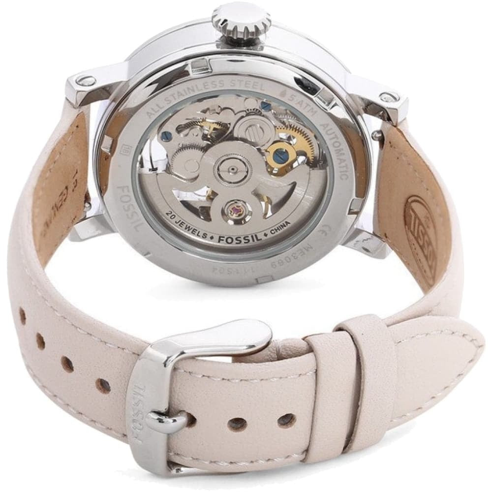  Shop Authentic Fossil Boyfriend Automatic Skeleton Silver Dial White Leather Strap Watch for Women - ME3069 - Luxxuri