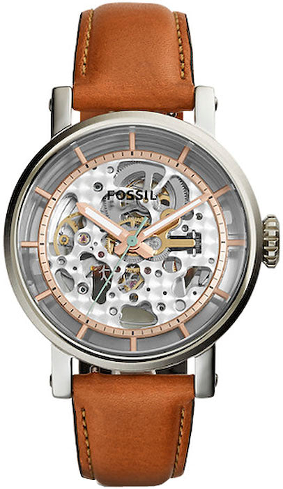  Shop Authentic Fossil Boyfriend Automatic Skeleton Silver Dial Brown Leather Strap Watch for Women - ME3109 - Luxxuri