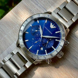  Shop Authentic Emporio Armani Mario Chronograph Blue Dial Silver Steel Strap Watch For Men - AR11306 - Luxxuri