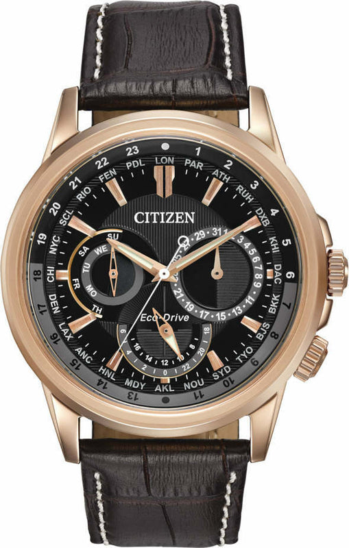  Shop Authentic Citizen Eco Drive Calendrier Black Dial Brown Leather StrapWatch For Men - BU2023-12E - Luxxuri
