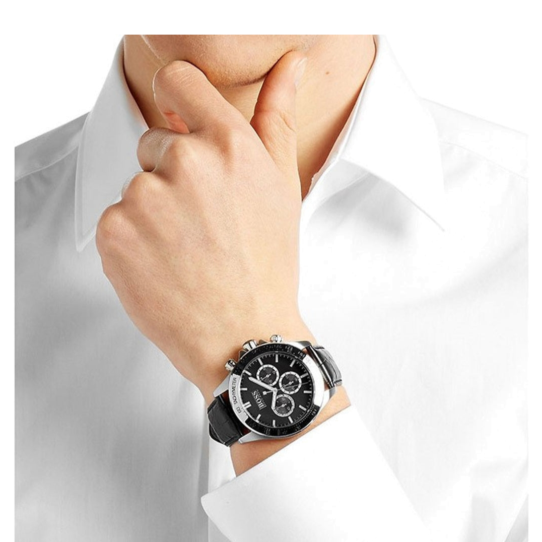  Shop Authentic Hugo Boss Chronograph Black Dial Black Leather Strap Watch For Men - 1513266 - Luxxuri