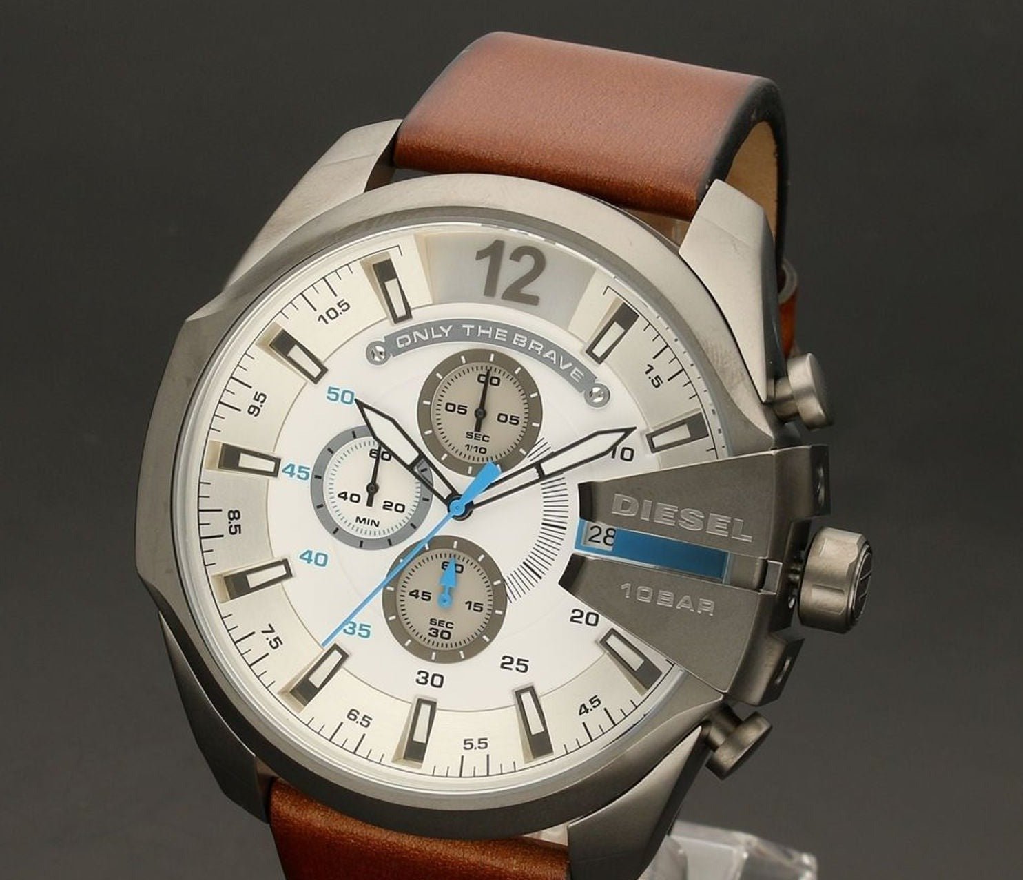 Diesel Mega Chief White Dial Brown Leather Strap Watch For Men - DZ4280