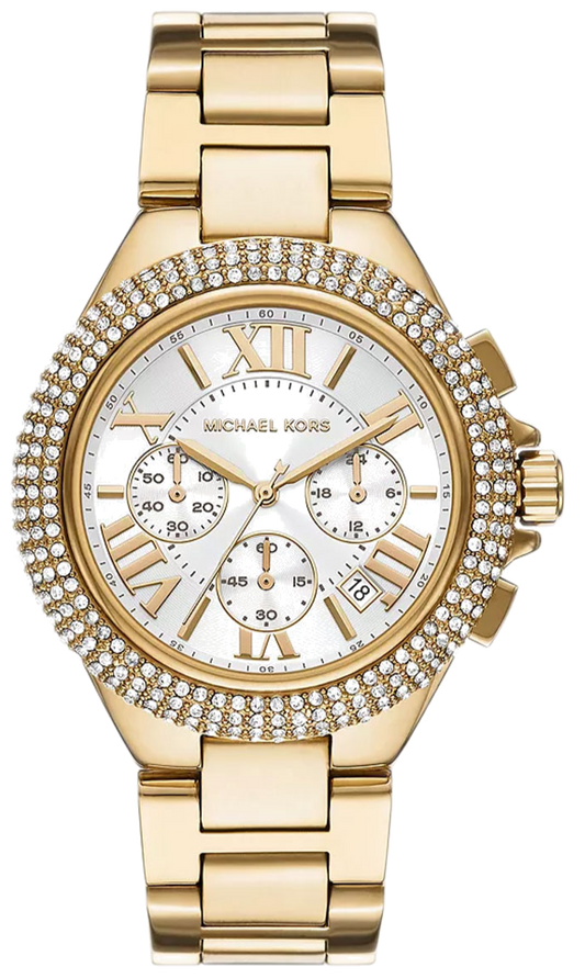 Michael Kors Camille Chronograph White Dial Gold Steel Strap Watch For Women - MK6994