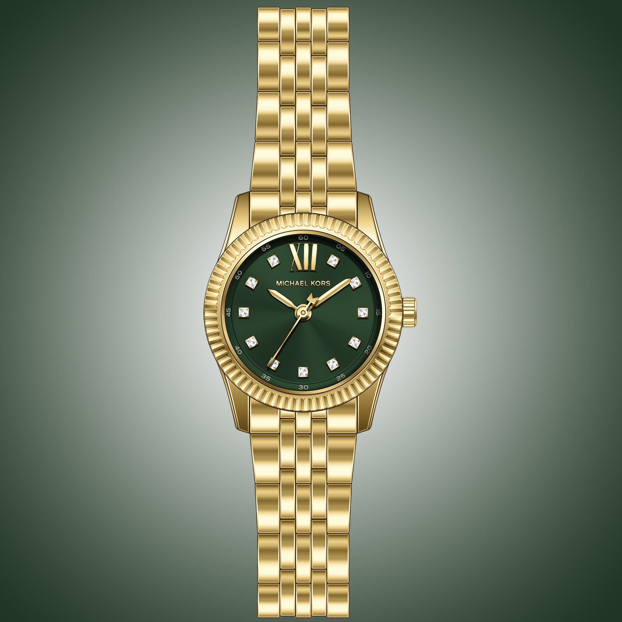 Michael Kors Lexington Pave Three-Hand Green Dial Gold Steel Strap Watch for Women - MK4842