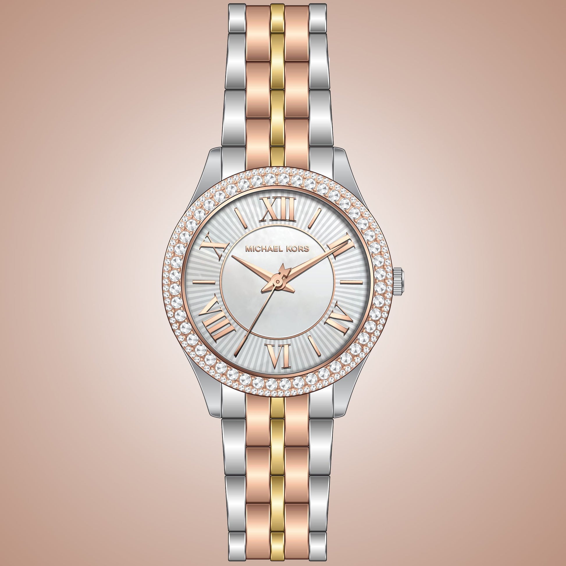  Shop Authentic Michael Kors Harlowe Three-Hand Mother of Pearl White Dial Tri Tone Steel Strap Watch for Women - MK4846 - Luxxuri