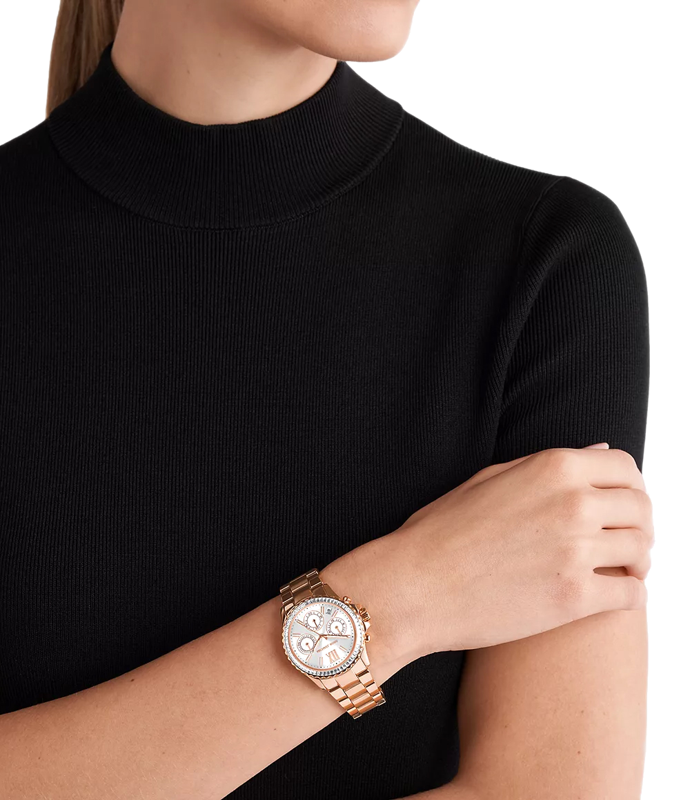Michael Kors Everest Chronograph Silver Dial Rose Gold Steel Strap Watch For Women - MK7213