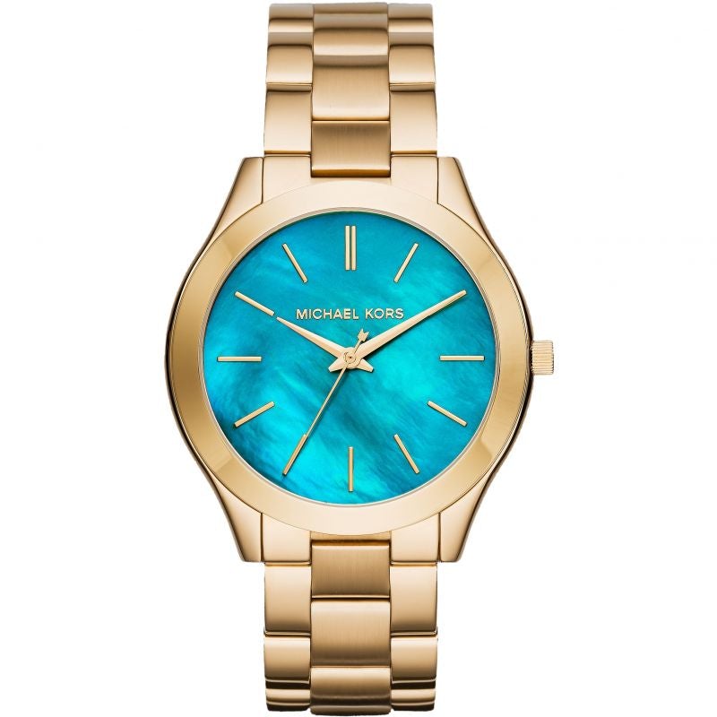  Shop Authentic Michael Kors Slim Runway Blue Dial Gold Steel Strap Watch for Women - MK3265 - Luxxuri