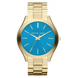  Shop Authentic Michael Kors Slim Runway Blue Dial Gold Steel Strap Watch for Women - MK3265 - Luxxuri