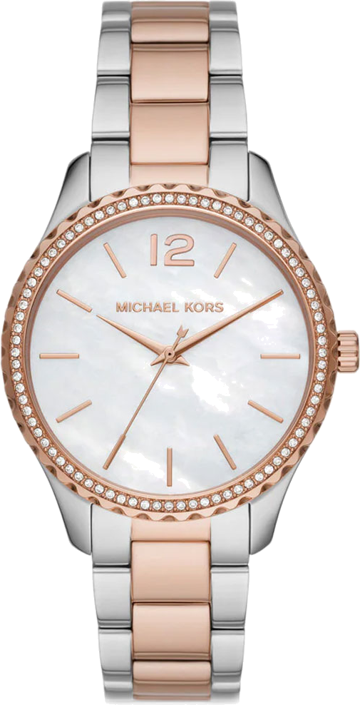  Shop Authentic Michael Kors Layton Three Hand Mother of Pearl White Dial Two Tone Steel Strap Watch For Women - MK6849 - Luxxuri