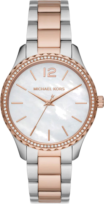  Shop Authentic Michael Kors Layton Three Hand Mother of Pearl White Dial Two Tone Steel Strap Watch For Women - MK6849 - Luxxuri