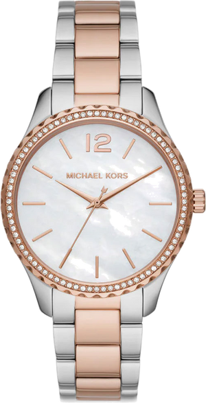  Shop Authentic Michael Kors Layton Three Hand Mother of Pearl White Dial Two Tone Steel Strap Watch For Women - MK6849 - Luxxuri