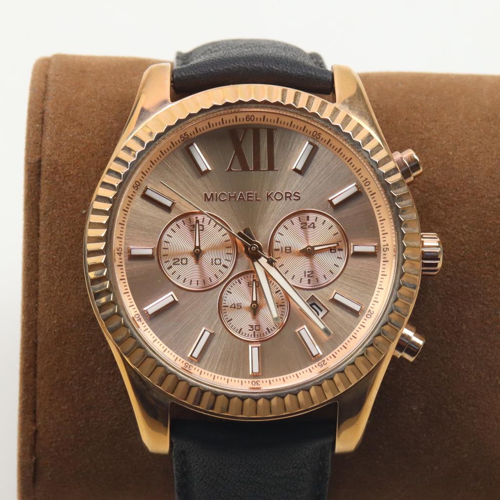  Shop Authentic Michael Kors Lexington Chronograph Rose Gold Dial Black Leather Strap Watch For Men - MK8516 - Luxxuri