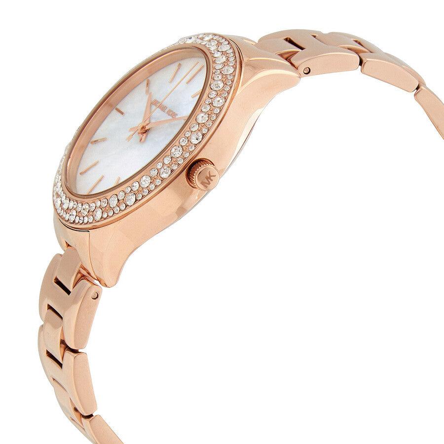  Shop Authentic Michael Kors Lilane Three Hand Mother of Pearl White Dial Rose Gold Steel Strap Watch For Women - MK4557 - Luxxuri