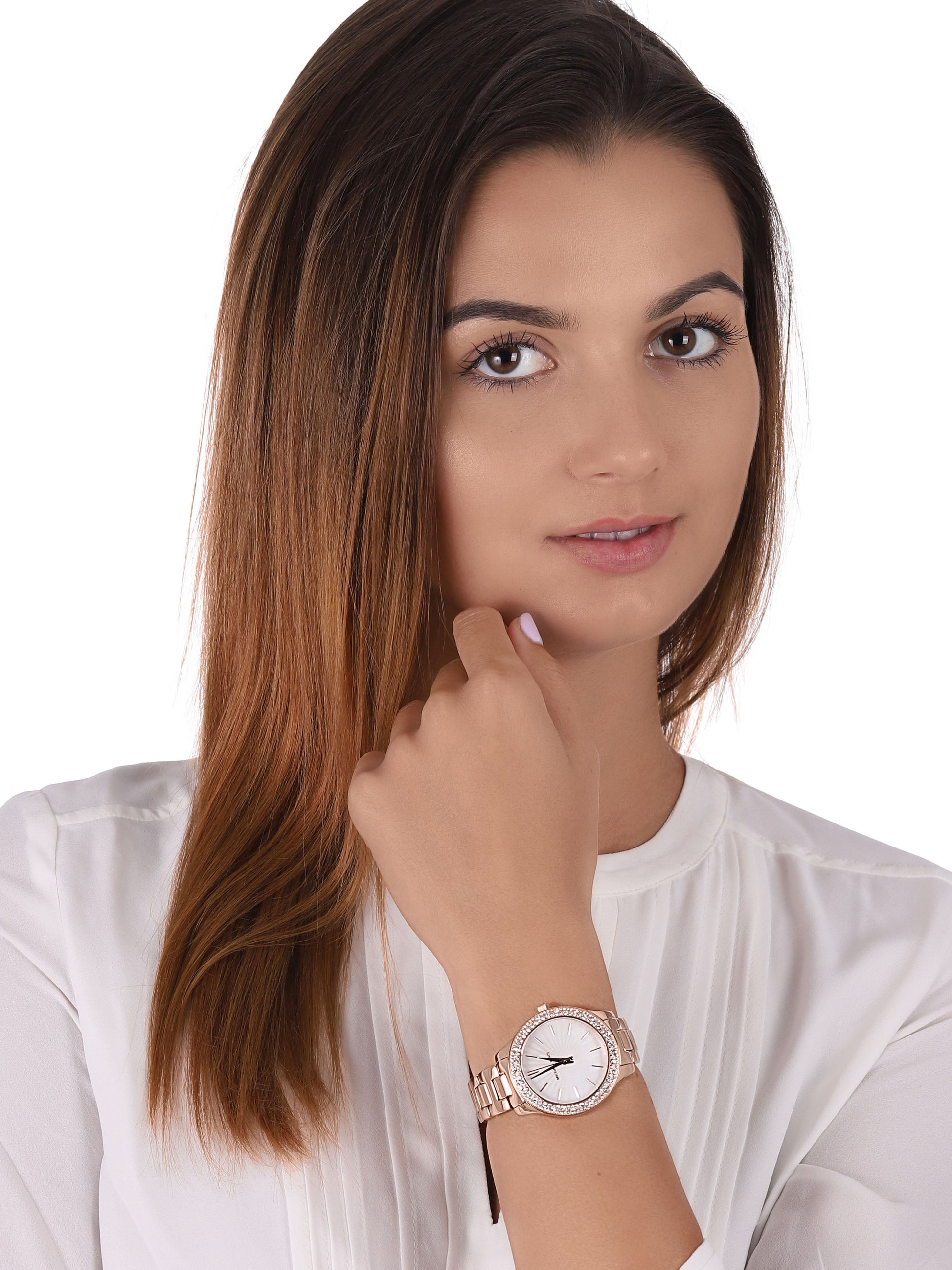  Shop Authentic Michael Kors Lilane Three Hand Mother of Pearl White Dial Rose Gold Steel Strap Watch For Women - MK4557 - Luxxuri