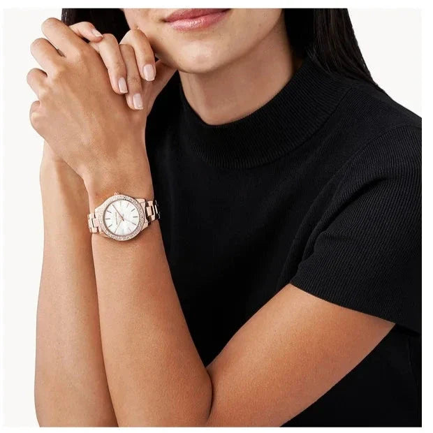  Shop Authentic Michael Kors Lilane Three Hand Mother of Pearl White Dial Rose Gold Steel Strap Watch For Women - MK4557 - Luxxuri