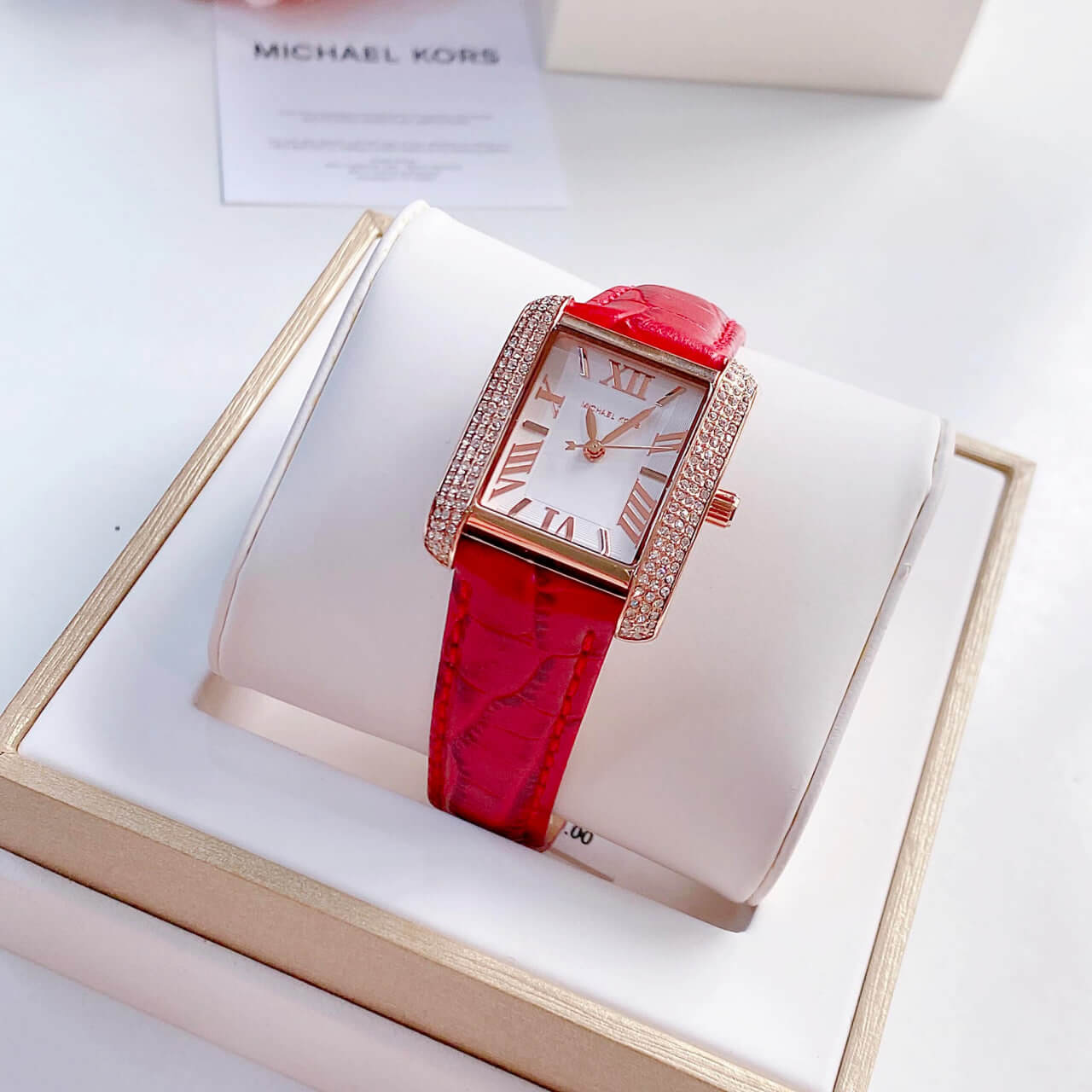  Shop Authentic Michael Kors Emery Quartz Diamonds Silver Dial Red Leather Strap Watch For Women - MK4689 - Luxxuri