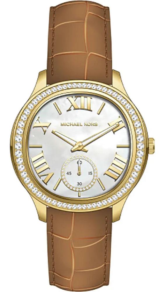 Michael Kors Sage Three-Hand Mother of Pearl White Dial Brown Leather Strap Watch for Women - MK4819