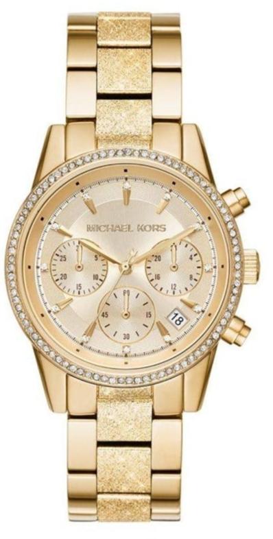 Shop Authentic Michael Kors Ritz Chronograph Gold Dial Gold Steel Strap Watch For Women - MK6597 - Luxxuri