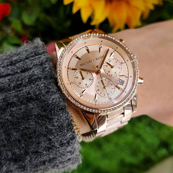  Shop Authentic Michael Kors Ritz Chronograph Rose Gold Dial Rose Gold Steel Strap Watch For Women - MK6598 - Luxxuri