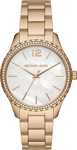  Shop Authentic Michael Kors Layton Three Hand Mother of Pearl White Dial Gold Steel Strap Watch For Women - MK6870 - Luxxuri