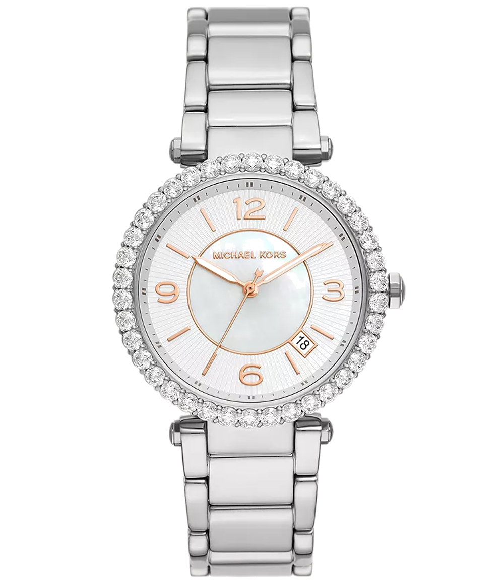 Michael Kors Parker Three Hand Mother of Pearl White Dial Silver Steel Strap Watch For Women - MK4694