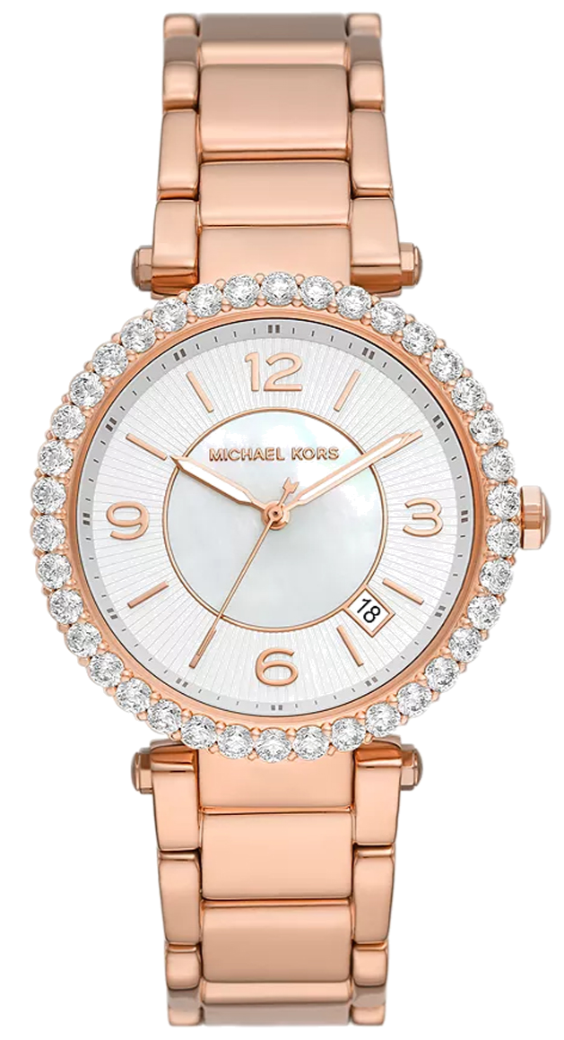 Michael Kors Parker Three-Hand Mother of Pearl White Dial Rose Gold Steel Strap Watch For Women - MK4695
