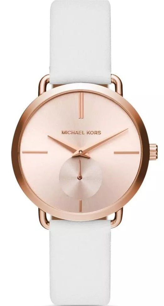  Shop Authentic Michael Kors Portia Rose Gold Dial White Leather Strap Watch For Women - MK2660 - Luxxuri