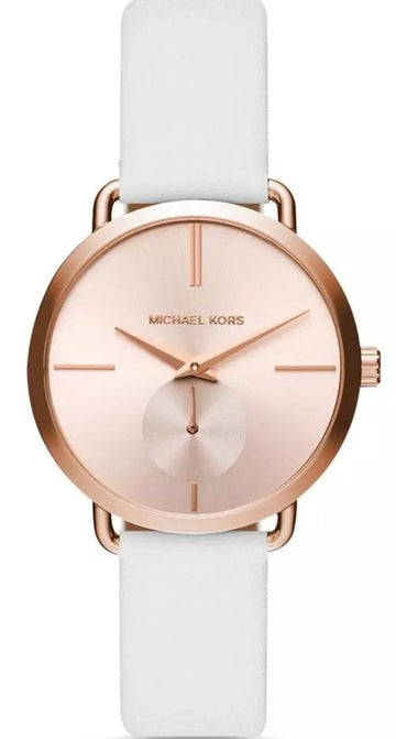  Shop Authentic Michael Kors Portia Rose Gold Dial White Leather Strap Watch For Women - MK2660 - Luxxuri