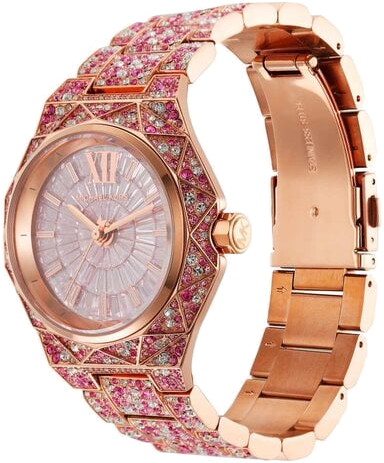 Michael Kors Raquel Three-Hand Crystals Pink Dial Rose Gold Steel Strap Watch For Women - MK7343