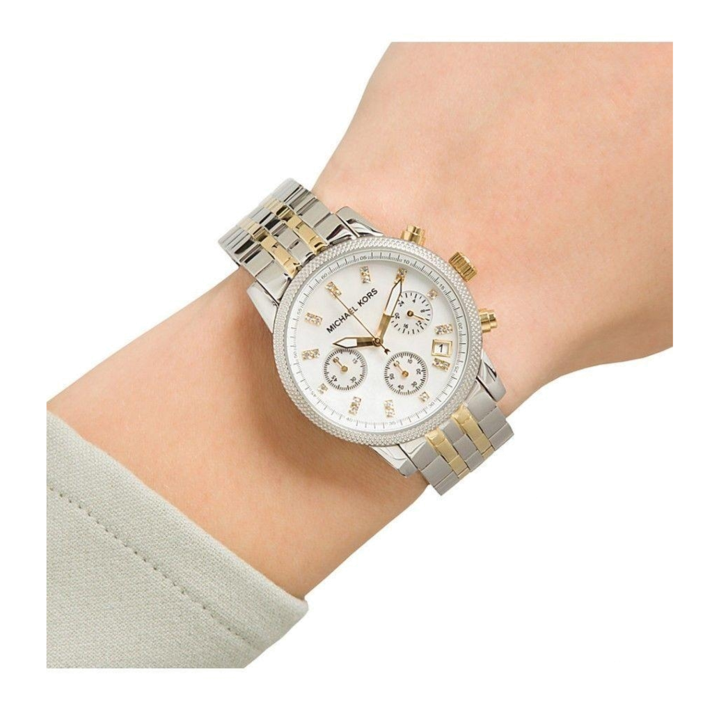  Shop Authentic Michael Kors Ritz Chronograph White Dial Two Tone Steel Strap Watch for Women - MK5057 - Luxxuri