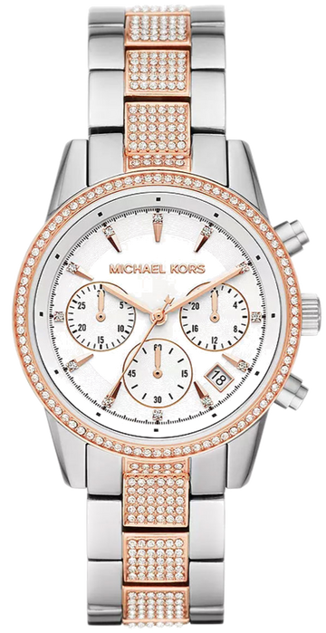  Shop Authentic Michael Kors Ritz Chronograph White Dial Two Tone Steel Strap Watch For Women - MK6651 - Luxxuri