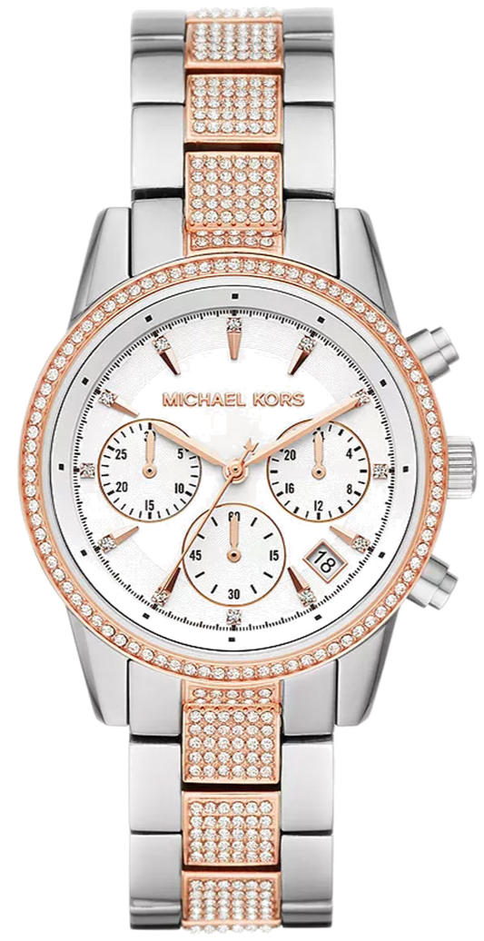 Michael Kors Ritz Chronograph White Dial Two Tone Steel Strap Watch For Women - MK6651