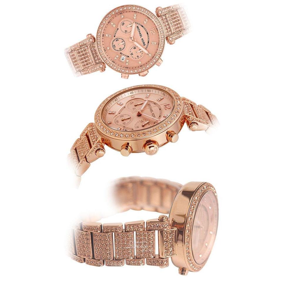 Michael Kors Uptown Glam Parker Chronograph Rose Gold Dial Steel Strap Watch for Women - MK5663