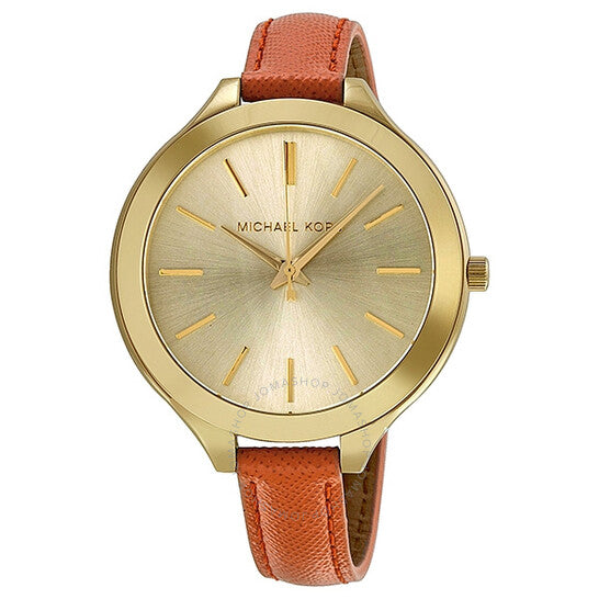  Shop Authentic Michael Kors Runway Quartz Gold Dial Orange Leather Strap Watch For Women - MK2275 - Luxxuri