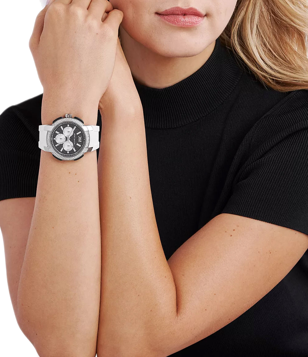 Michael Kors Sidney Multifunction Black Dial White Silicone Strap Watch For Women - MK6947