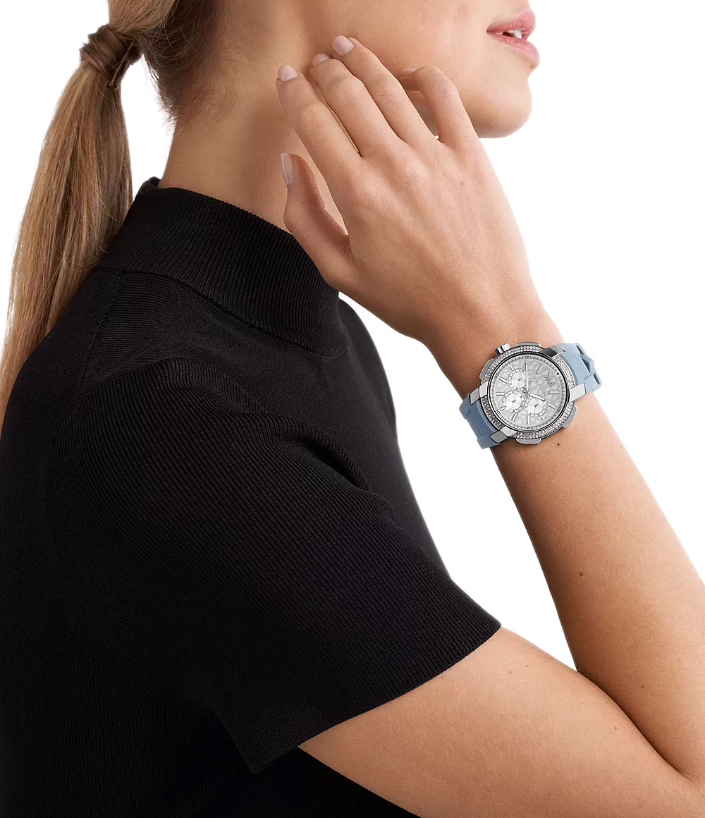  Shop Authentic Michael Kors Sidney Chambray Multifunction Blue Dial Blue Silicone Strap Watch For Women - MK7220 - Luxxuri