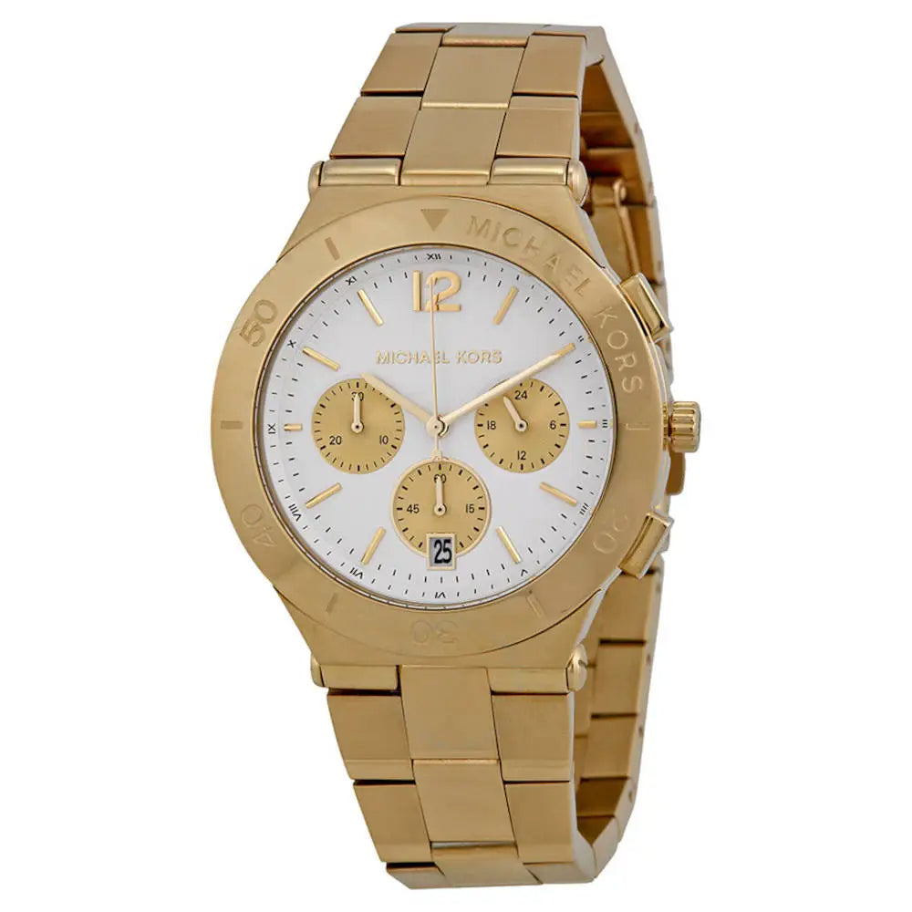 Michael Kors Wyatt Chronograph White Dial Gold Steel Strap Watch For Women - MK5933